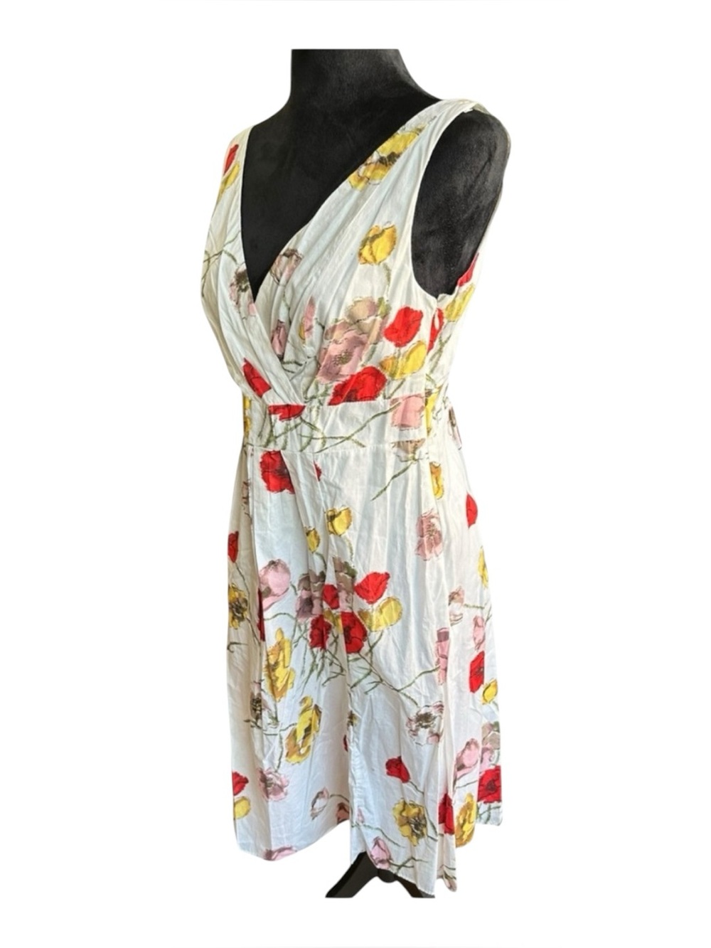 Lands’ End Women’s Floral Sleeveless Wrap Dress Size 4 White Poppy Print Midi